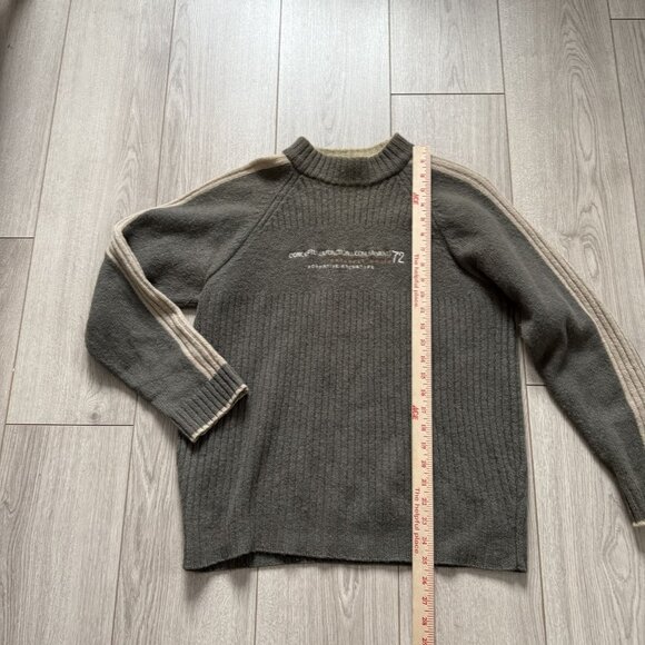 Vintage Jeanswest Wool Knit Sweater L Ribbed Gray Beige Striped Sleeves Crewneck - Picture 5 of 10